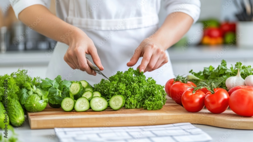 Chef slicing fresh vegetables on a wooden board in a bright kitchen, AI Chef slicing fresh vegetables on a wooden board in a bright kitchen, AI