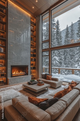 Cozy living room with a fireplace and snowy mountain view during winter