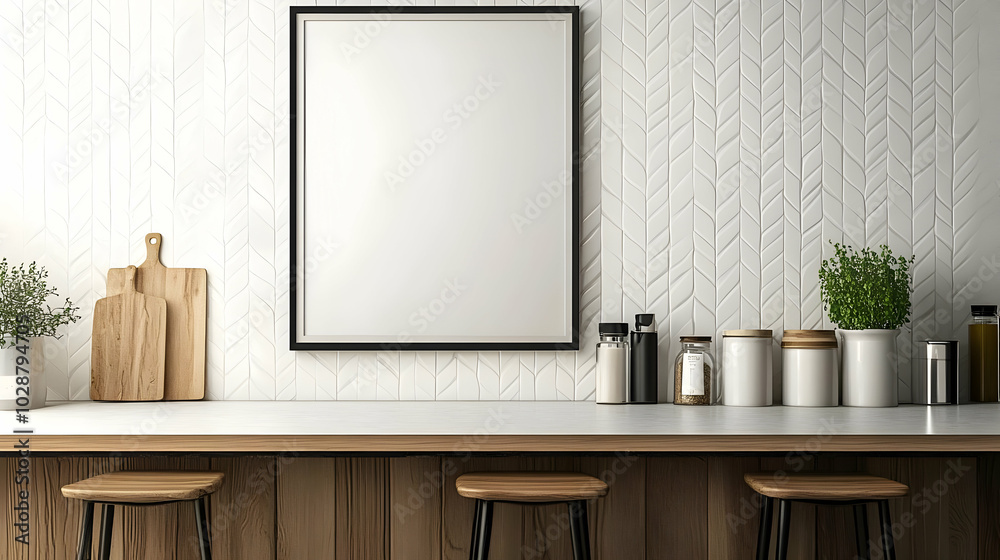 Minimalist kitchen scene with empty frame and natural decor. Minimalist kitchen scene with empty frame and natural decor.