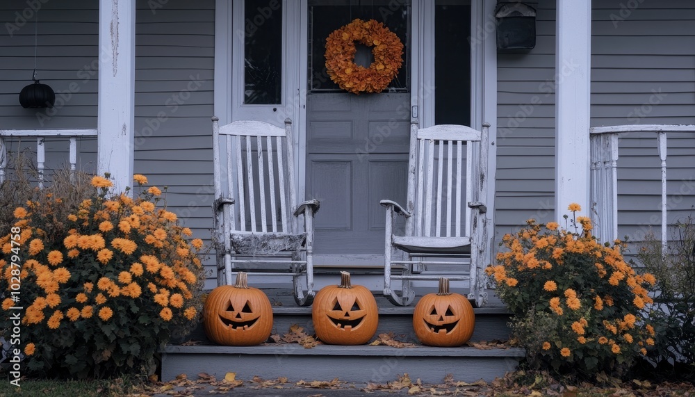 Obraz premium Charming Halloween decorations with pumpkins and flowers on a cozy porch