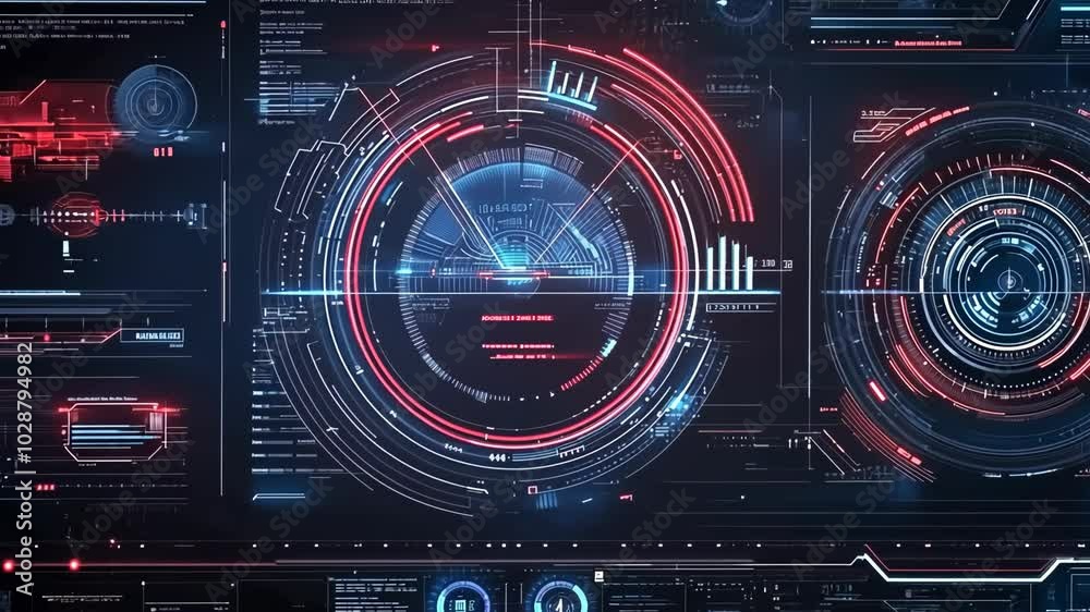 A futuristic digital interface with red and blue lines and circles A futuristic digital interface with red and blue lines and circles