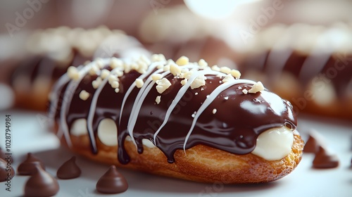 Photorealistic chocolate éclairs with glossy dark chocolate and white drizzle on a white table surface, featuring creamy custard filling and soft lighting.