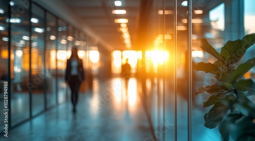 Business professional walking through bright office corridor during sunset hours