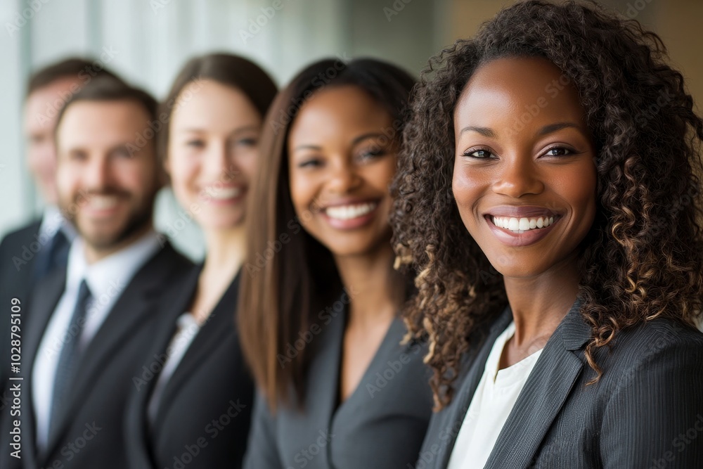 Diverse business team smiling at the camera in an office, Generative AI Diverse business team smiling at the camera in an office, Generative AI