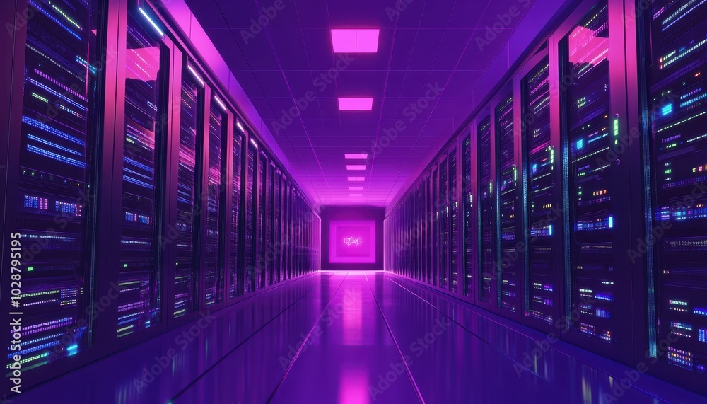 A vibrant digital server center with racks of servers illuminated in purple light A vibrant digital server center with racks of servers illuminated in purple light