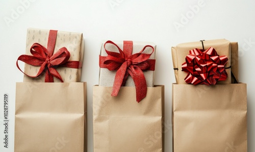 Presents wrapped in brown paper with purple ribbons arranged on a table for a...
