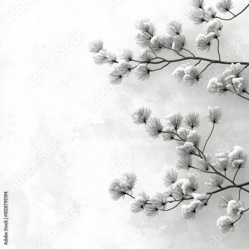 Snow covered branches create a serene winter atmosphere against a soft white ...