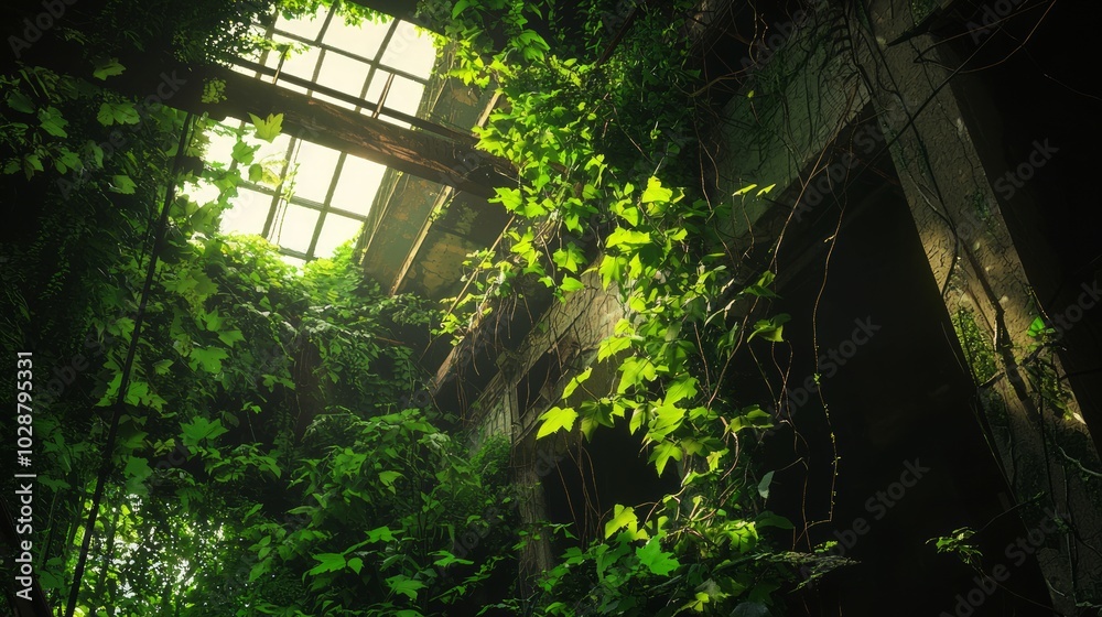 Nature's Reclamation: Dilapidated Building Overgrown with Vines and Greenery Nature's Reclamation: Dilapidated Building Overgrown with Vines and Greenery