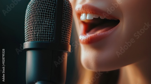 Close-up of a Woman Singing into a Microphone photo