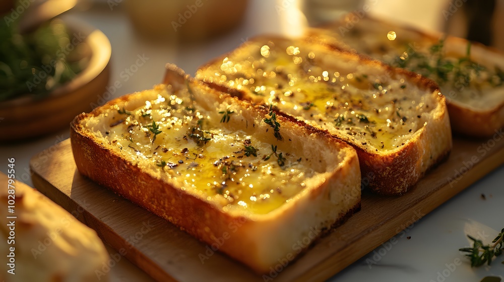 Photorealistic garlic bread slices with golden brown crust and herb toppings on a white marble surface, warm ambient lighting and high detail. Photorealistic garlic bread slices with golden brown crust and herb toppings on a white marble surface, warm ambient lighting and high detail.