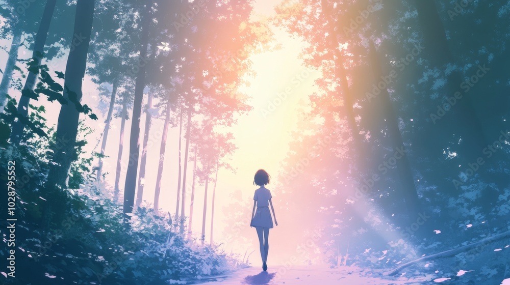 A young woman walks through a forest towards a bright light. A young woman walks through a forest towards a bright light.