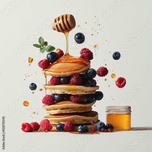 Delicious stack of pancakes topped with honey and fresh berries on a minimali...