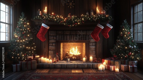 Cozy Christmas fireplace adorned with stockings, decorations, and glowing can...
