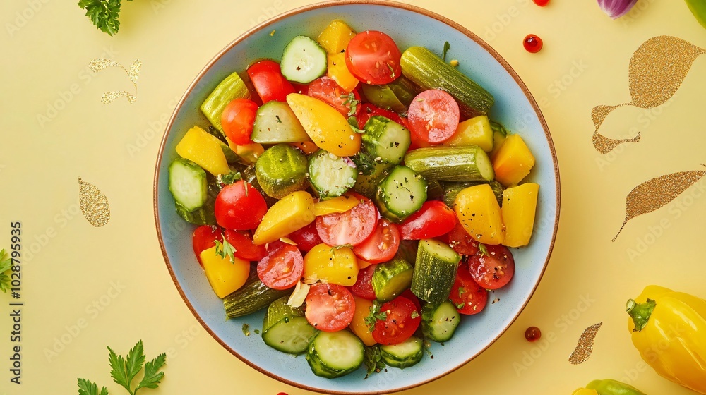 A vibrant plate of pickled mixed vegetables, isolated on a soft pastel yellow background with abstract gold flourishes A vibrant plate of pickled mixed vegetables, isolated on a soft pastel yellow background with abstract gold flourishes