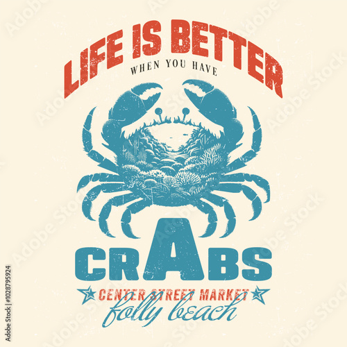 Vector illustration of crabs, Retro food graphics vintage tee print design, Crab vector .College New York typography. T-shirt graphic. Sea ​​adventure design for the summer. Alaska t-shirt design
