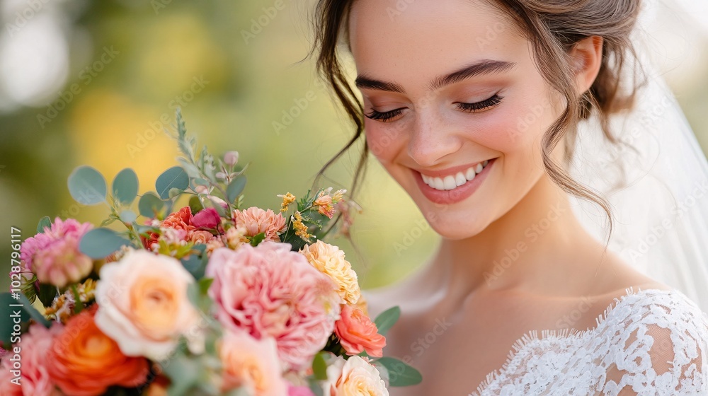 Naklejka premium A woman is holding a bouquet of flowers and smiling