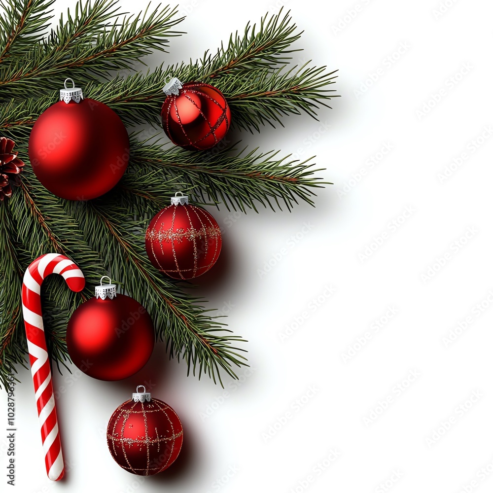 A festive arrangement of red Christmas ornaments and a candy cane nestled among evergreen branches.