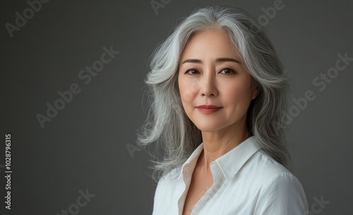 Elegant senior woman with silver hair poses confidently against a neutral bac...