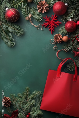 Red shopping bag surrounded by holiday decorations on a green background