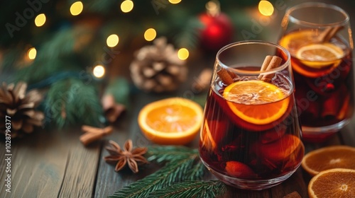 A glass of mulled wine with orange slices and cinnamon sticks, surrounded by Christmas ornaments and tree