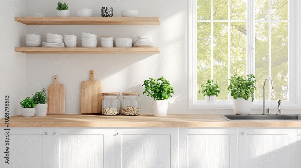 Bright and modern kitchen with natural light, wooden shelves, plants, and elegant decor creating a calming atmosphere. Bright and modern kitchen with natural light, wooden shelves, plants, and elegant decor creating a calming atmosphere.