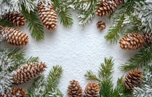 Snow dusted pinecones and evergreen branches create a winter themed border on...