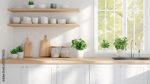 Bright and modern kitchen with natural light, wooden shelves, plants, and elegant decor creating a calming atmosphere.