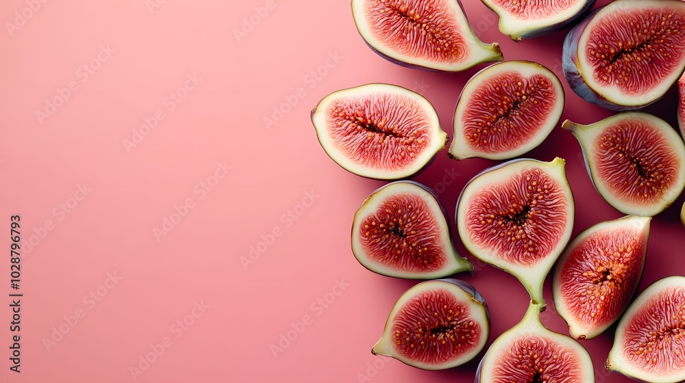 Sliced figs with vibrant pink flesh and visible seeds arranged on a light red background, featuring macro detail and soft diffused lighting. Sliced figs with vibrant pink flesh and visible seeds arranged on a light red background, featuring macro detail and soft diffused lighting.