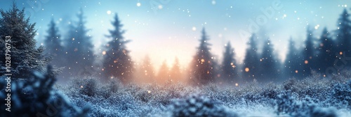 Snowflakes gently falling over a serene winter landscape during daylight in a...
