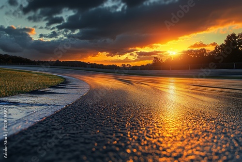 A winding racetrack under a vibrant sunset sky in a serene rural setting