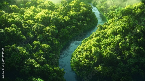 An Aerial View of a Winding River Through a Lush Jungle Canopy