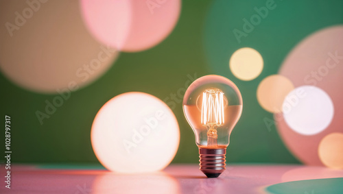 Una lampadina accesa emette luce su uno sfondo verde e colorato con effetto bokeh photo