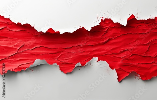 Frayed red paper tearing to reveal a white background with splattered paint e...