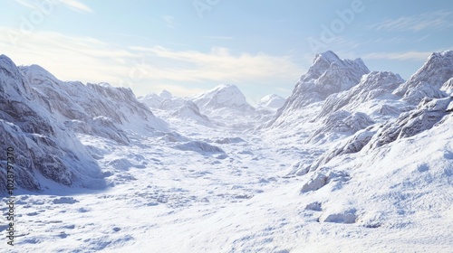 Eerie Beauty of Climate Change: Melting Glaciers on Snow-Covered Mountain Peaks Captured in Ultra-Detailed, Cinematic Light photo