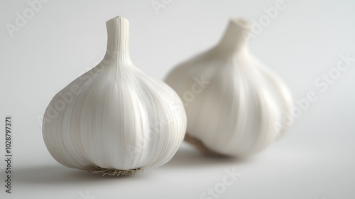 Photorealistic still life of white garlic bulbs, one whole and one peeled, on a pure white background with sharp focus and high contrast studio lighting.