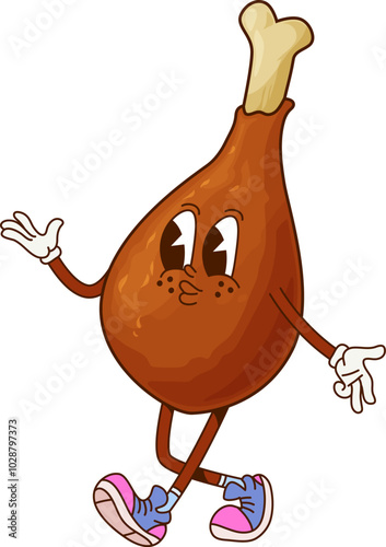 Cartoon fast food chicken drumstick groovy character. Fast food cafe meat meal, street restaurant chicken drumstick or takeaway menu snack 60s 70s isolated vector character or groovy personage