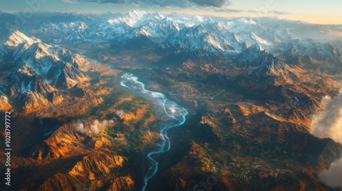 Aerial View of a Mountain Range with a Winding River