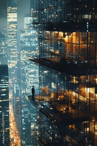 A lone figure gazes at the illuminated skyline from a high rise buildings bal...