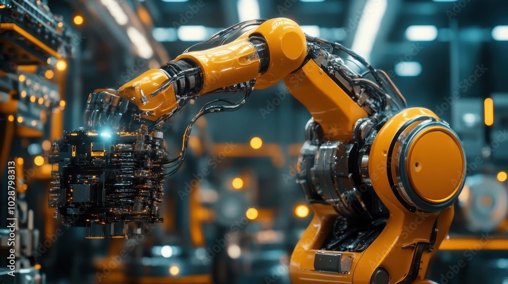 Industrial robot arm decorating and assembling automotive components with high-tech precision in a futuristic automotive production facility