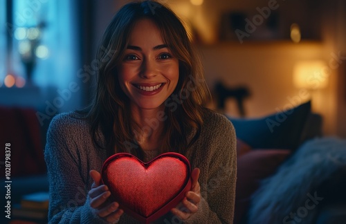 A woman smiles warmly while holding a glowing red heart shaped pillow at home...