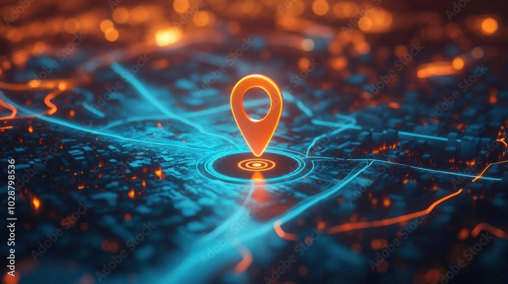3D GPS tracking map with a navigation pin, visualizing a real-time journey and destination search through digital technology 3D GPS tracking map with a navigation pin, visualizing a real-time journey and destination search through digital technology