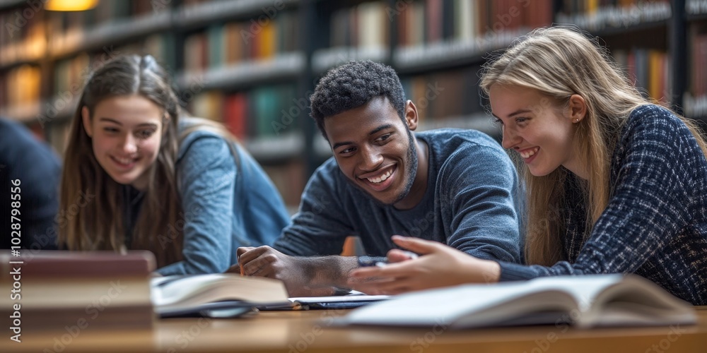 University students doing group study in library, Generative AI University students doing group study in library, Generative AI