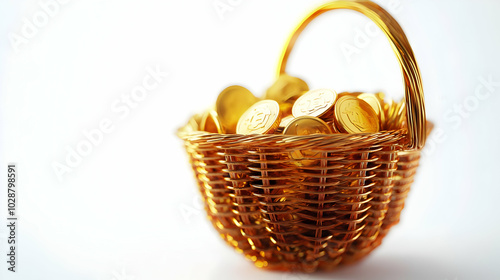 3D Glossy Shopping Basket Filled with Glowing Coins - Close Up View Capturing Light and Reflections Symbolizing Smart Shopping Value, Isolated Icon on White Background