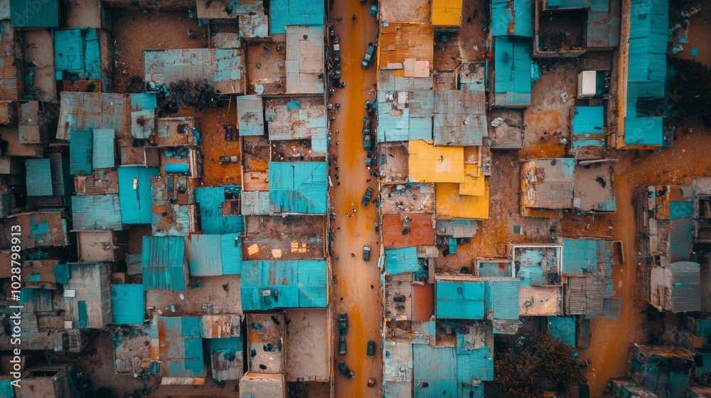 Aerial View of a Densely Packed Urban Neighborhood with Vibrant Roof Colors Aerial View of a Densely Packed Urban Neighborhood with Vibrant Roof Colors