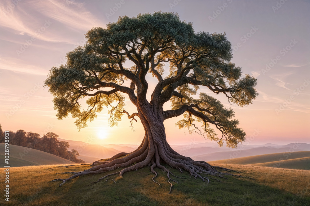 Fototapeta premium Beautiful, huge oak trees stand in a row in the sunrise lights.AI Generated