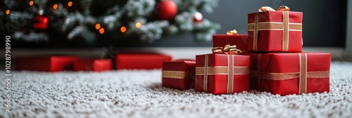 Festively wrapped presents arranged under a Christmas tree with warm holiday ...