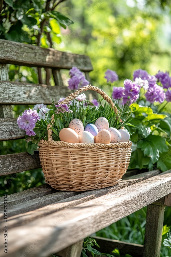 A wicker basket filled with pastel eggs rests on a garden bench surrounded by blooming flowers A wicker basket filled with pastel eggs rests on a garden bench surrounded by blooming flowers