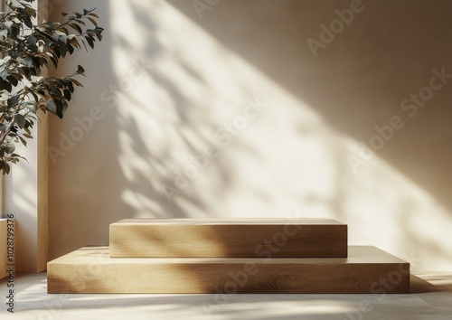 Minimalist wooden display platform with soft shadows in a warm toned setting