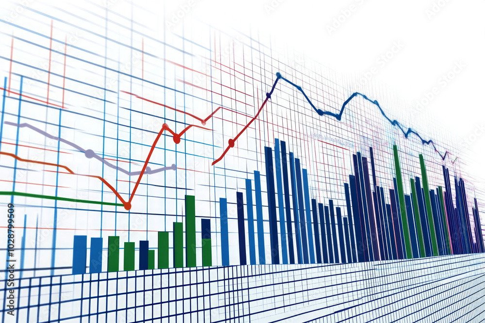 financial graph with bar lines and an upward-trending line curve financial graph with bar lines and an upward-trending line curve