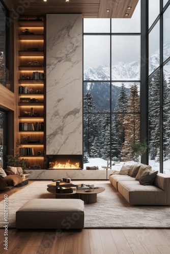 Cozy living room with a fireplace and snowy mountain view during winter